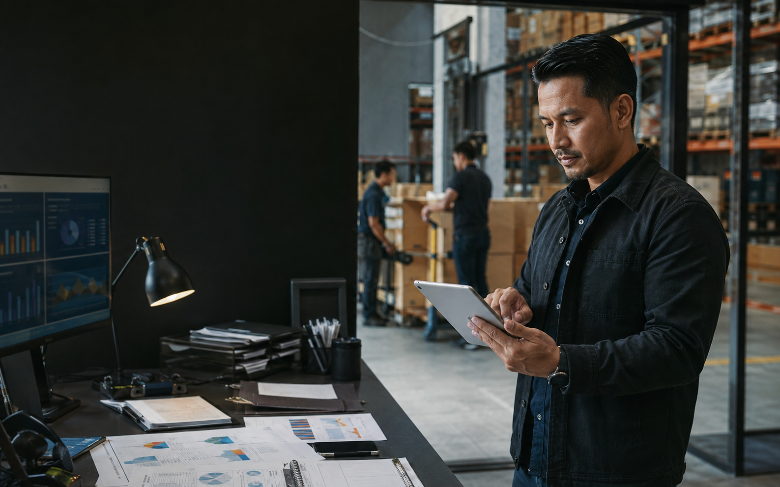 Southeast Asian operations lead reviewing a tablet beside a warehouse workflow
