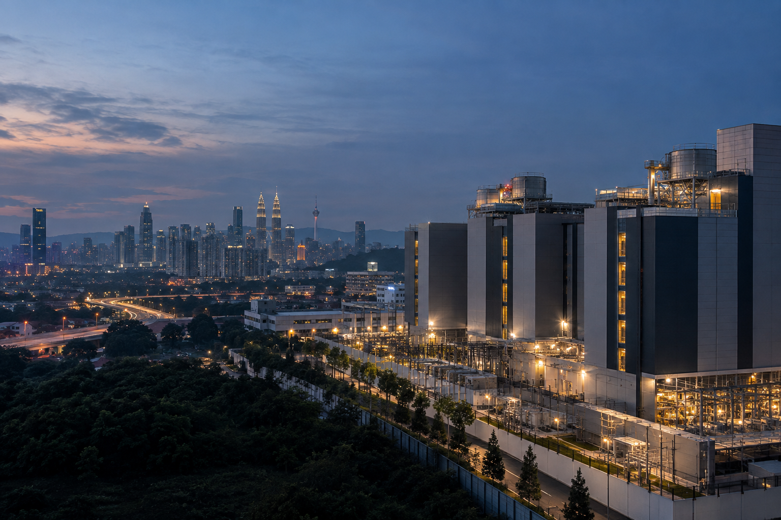 Original editorial view of an AI-ready data-centre campus beside the Kuala Lumpur skyline at blue hour